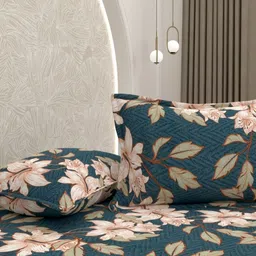Pure Decor Blue & Peach-Coloured Floral 210 TC Queen Bedsheet with 2 Pillow Covers-image-97