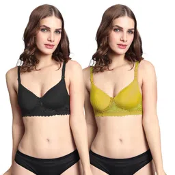 Samvar Women Pack of 2 Black And Yellow Non-Wired Cotton Non Padded Bra Panty Lingerie Set-image-2