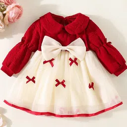 YK Girls Self Design Peter Pan Collar Bow Detail Fit and Flare Midi Dress-image-73