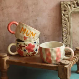 WEAVING HOMES Off White & Yellow 3 Pieces Printed Ceramic Glossy Mugs-image-92