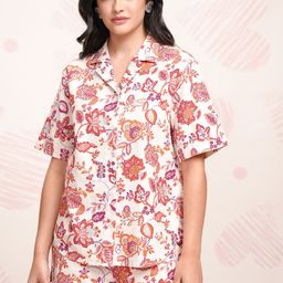 Tokyo Talkies Off White Floral Printed Shirt Collar Pure Cotton Shirt With Shorts-picture-17