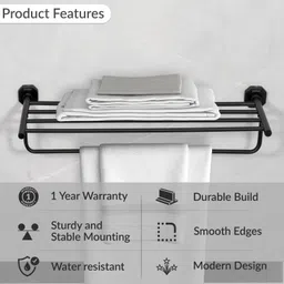 plantex Nipron 24in Towel Rack for Bathroom/Towel Stand with Hook/Hanger for Cloth Black Towel Holder image 2