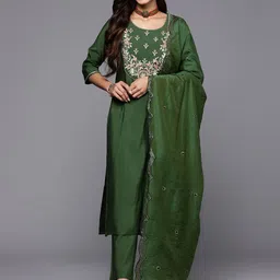 Gerua By Libas Floral Yoke Design Round Neck Straight Kurta With Trousers & Dupatta-image-2