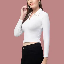 Maheshvi Ribbed Shirt Collar Fitted Crop Top image 2