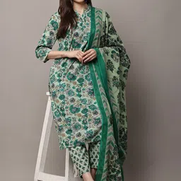 HERE&NOW Women Floral Printed Regular Pure Cotton Kurta with Trousers & With Dupatta image 4
