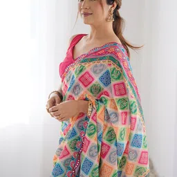 Mitera Bandhani Mirror Work Pure Chiffon Bandhani Saree image 3