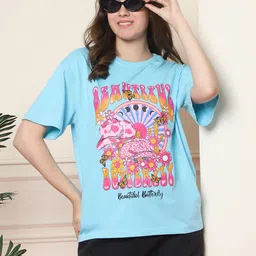 fabflee Women Printed Round Neck Pure Cotton Light Blue T-Shirt image 1