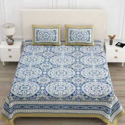 TrueYarns White & Blue Ethnic Motifs 210 TC King Bedsheet with 2 Pillow Covers-picture-22