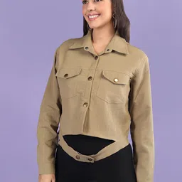 CHKOKKO Women Solid Crop Tailored Jacket image 4