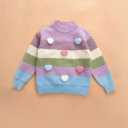 Hopscotch Girls Colourblocked Heart Pom-Pom Striped Sweater-image-19