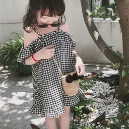 LULU & SKY Monochrome Checked Cold-Shoulder A-Line Dress image 5