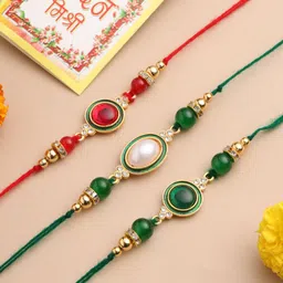 Anouk Pack Of 3 Artificial Beads & Pearls Thread Rakhi with Roli Chawal Chandan Mishri-picture-24