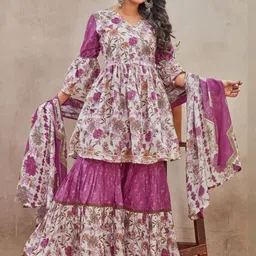 SZN Floral Printed Empire V-Neck Gotta Patti Anarkali Kurta With Sharara & Dupatta image 2
