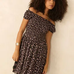 Outzidr Floral Print Off Shoulder Puff Sleeves Fit & Flare Dress-image-79