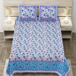Aapno Rajasthan White & Blue Floral 144 TC King Bedsheet with 2 Pillow Covers-image-2