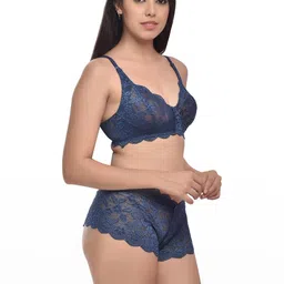 samvar Women Blue,Black Net Bra Panty Set for Lingerie Set Undergarments Pack of 2 image 2