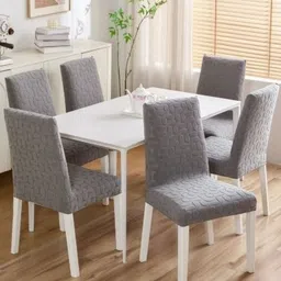 HOMETHREADS Grey 6 Pieces Self Designed Jacquard Stretchable Chair Covers-picture-17