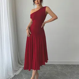 Outzidr Women Pleated One Shoulder Sleeveless A-Line Midi Dress-picture-26