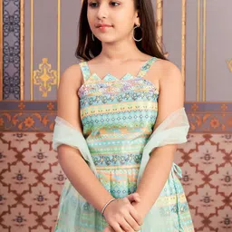 Sangria Girls Floral Printed Shoulder Strap A-Line Pure Silk Kurti With Patiala & Dupatta image 2