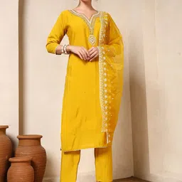 KALINI Women Woven Design Embroidered Kurta with Trousers & Dupatta-picture-31