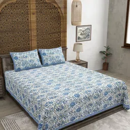 CLOTHOLOGY Blue & White Floral 180 TC King Bedsheet with 2 Pillow Covers-image-12