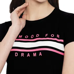 fabflee Women Printed Round Neck Pure Cotton Black, Yellow T-Shirt image 3