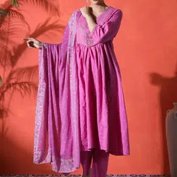 Sangria Bandhani Printed V-Neck Mirror Work Pure Cotton Anarkali Kurta & Trouser & Dupatta-picture-35