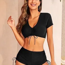 Rlanos V-Neck Ruched Crop Top & High-Waist Swim Bikini Set image 4