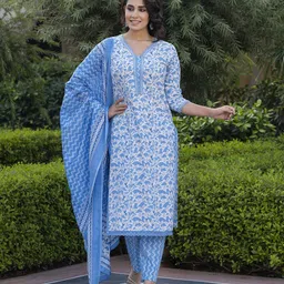 Jaitpuriya Women Floral Printed Regular Pure Cotton Kurta with Trousers & With Dupatta image 3
