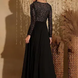 Miss Chase Women's V-Neck Full Sleeve Self Design Lace-Overlaid Georgette Maxi Dress image 5