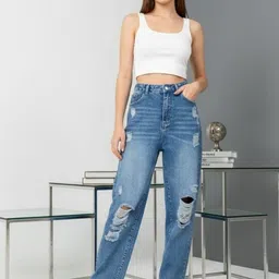 HIGH BUY Women Comfort Straight Fit High-Rise Highly Distressed Light Fade Jeans image 2