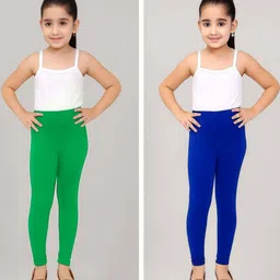 TIK TOK WEARS Pack Of 2 Green & Blue Regular Fit Cotton Churidar Length Legging For Girls image 1