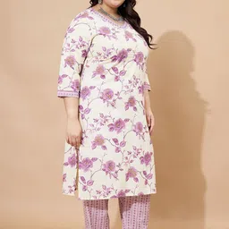 KALINI Floral Printed Pure Cotton Straight Kurta With Trousers & Dupatta image 3