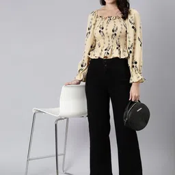 SHOWOFFFF Floral Print Puff Sleeve Crepe Peplum Crop Top image 3