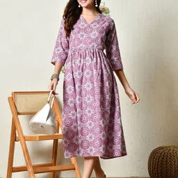 SILAKIVA Floral Printed V-Neck Fit and Flare Maternity Midi Ethnic Dress image 4