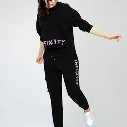 Zeyo Typography Printed Round Neck long Sleeves Sweatshirt With Jogger image 3
