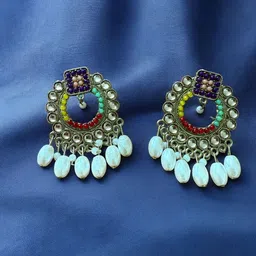 Sangria Gold-Plated Pearls Stone Studded & Kundan Beaded Contemporary Drop Earrings-image-61