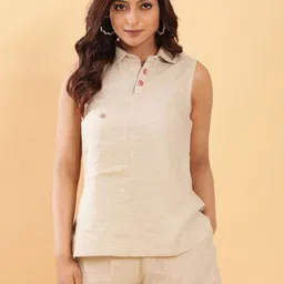 BohoJazz Tailored Fit Polo Neck Linen Top With Shorts-image-11