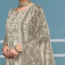 MANVAA Floral Embroidered Thread Work Organza Unstitched Dress Material image 4