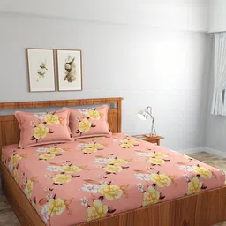 NEW TOWN Orange & Yellow Floral 210 TC Queen Bedsheet with 2 Pillow Covers-image-69