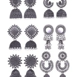 Sangria Set Of 6 Silver-Plated Dome Shaped Oxidized Jhumkas-image-34