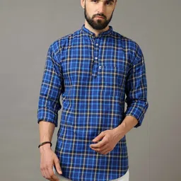 AIDAN PAUL Men Blue Cotton Checked Kurta-picture-37