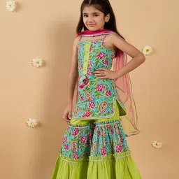 pspeaches Girls Floral Printed Regular Pure Cotton Kurta with Sharara & With Dupatta-picture-32