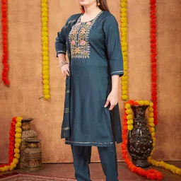BAESD Girls Floral Embroidered Silk A-Line Kurta with Trousers & Dupatta image 2
