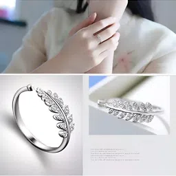 Inites Adjustable Silver Feather Leaf Finger Ring image 5