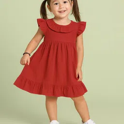 Kidbea Girls Round Neck Flared Sleeve Ruffled Linen A-Line Dress-picture-57