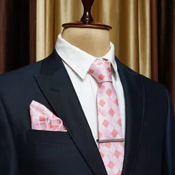 axlon Pink Geometric Checkered Tie For Men – Formal Ties Set With Pocket Square & Tie Pin Clip For Mens, Silk Neckties Gift Sets For Men’s (AXNW47) image 3