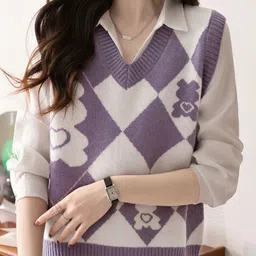 StyleCast Women Self Design Argyle V-Neck Sleeveless Pullover-picture-33