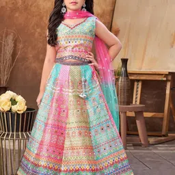 BAESD Girls Printed Mirror Work Tie and Dye Ready to Wear Lehenga & Blouse With Dupatta-picture-24
