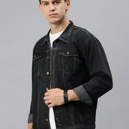 Kaali Peeli Men Washed Longline Outdoor Denim Jacket with Embroidered-image-40